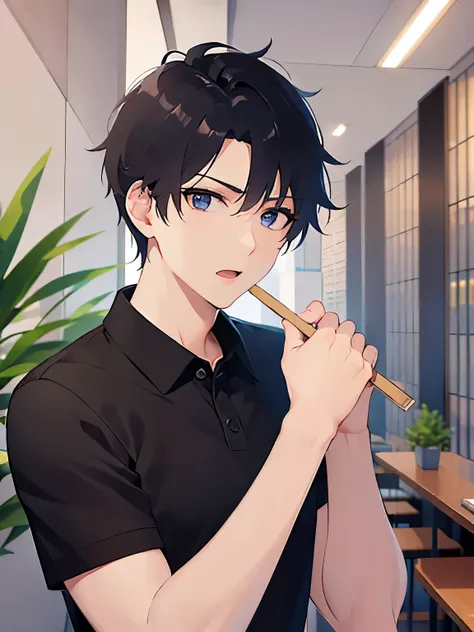 (looking at viewer:1.5),upper body,
shiny skin, masterpiece、 best quality、
(25-year-old male:1.5) and ( short black hair) and ( blue eyes), 
 black polo shirt、
surprised,open mouth,
,The background is inside a restaurant、（alone:1.5）