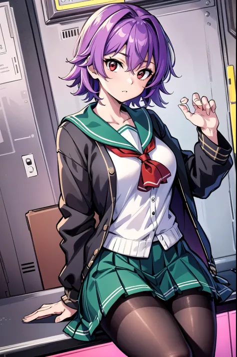 kantairight, right, Hair between the eyes,  purple hair,  short hair, (red eyes:1.5),
break , Seraph,  sailor collar , green  sailor collar ,  cardigan, black  cardigan,  Long Sleeve ,  skirt, green  skirt, pleated  skirt,  pantyhose, black  pantyhose,
bre...