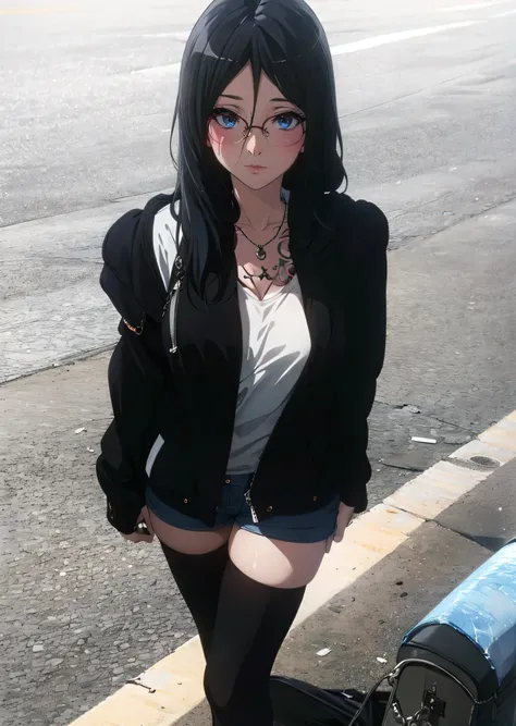 Masterpiece, high res, alone, {Thanaka_Asuka_euphonium sound:1.15} (park:1.13), black_hair, long_hair, glasses, light blue_eyes, Blush, red frame_glasses, Seraph, beyond the edge_glasses, semi borderless_glasses, hair_between_eyes, 1girl, solo, tattoo, thi...