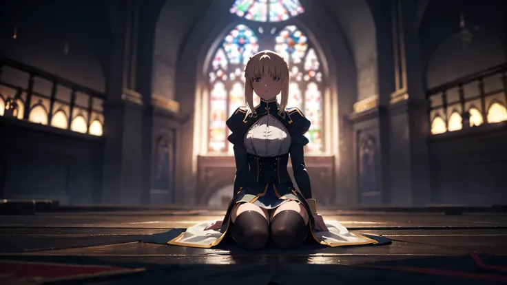 saber from fate; up to down perspective; praying for god sitting on knees; praing pose; staring on sky; mini-skirt; stockings; aesthetic; bohemian; realistic; skinny fit; emo; ; night church background; Dark fantasy ; focus on hips; goddess; solo girl; epi...