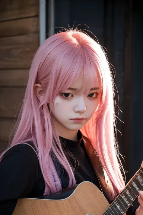 (( best quality)), ((masterpiece)), (  Details),  1 girl , pink hair, face, bloodshed, tears, lots of blood, unhappy, sad face, holding an acoustic guitar, whole body