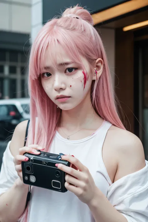 (( best quality)), ((masterpiece)), (  Details),  1 girl , Pink hair, facial injury, blood shedding tears, lots of blood damage, unhappy, sad face, holding a SONY Walkman, the whole body