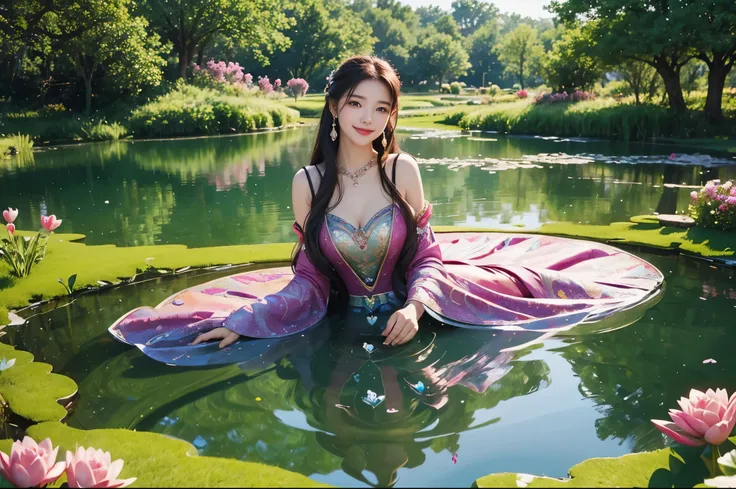  best quality　masterpiece　 Details　 A super beautiful woman is smiling and looking at the heart-shaped pond　 The area around the pond of hearts is filled with jewels 　The surrounding area is a beautiful prairie 　Photo style　Artistic　 imaginary　 Dramatic Pr...