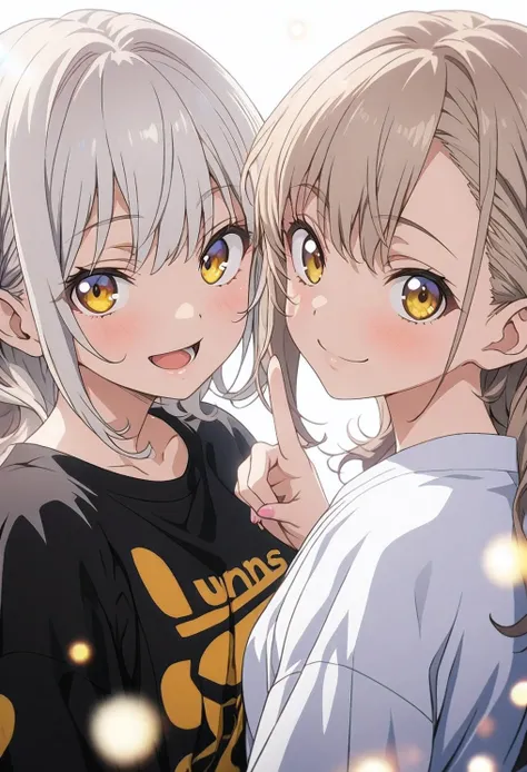 Two Girls, twins, masterpiece, Highest quality, Highly detailed CG Unity 8k wallpaper, High School Girl Anime Illustration. Wear an oversized shirt and oversized pants、Make a finger gun gesture to the audience, she has her eyes closed and mouth open, smile...