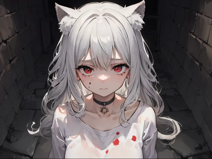 (from above), 1 girl, upper body, (loli:1.3), (scared, despair, helpless, vulnerable), (red eyes, turime, cat ears), (messy hair, long hair, gray hair), flat breast, ((heavily soiled thin cotton white shirt with mud and bloodstains, bottomless, choker)), (...