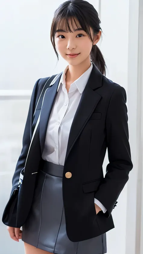 1GIRL,(21 year old japanese new-graduate-recruitment girl:1.5),very cute girl,pale skin, narrow shoulder width,small breasts , beautiful face like actress, triangle face, Droopy eyes, natural makeup,smile ,close mouth ,((black Recruitment suit jacket, whit...