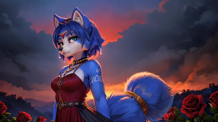 a picture of ((krystal)), Star Fox-Krystal, lovable, green eyes, ((( long blue hair 1 .3))), Decollete, anthro, Fuzzy,  detailed Fluffys fell,  detailed face , (Fluffy), Alone,    dark clothes 、dark good、dark skirt、 Best bust、Ravine、Luck、A slender、provocat...