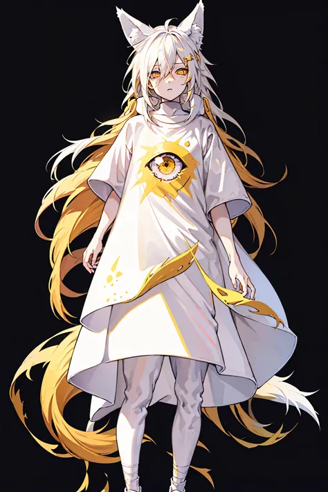 1boy, full body, white hair, long hair, yellow eye, fox ears, vertical pupils, oversize t-shirt, simple background