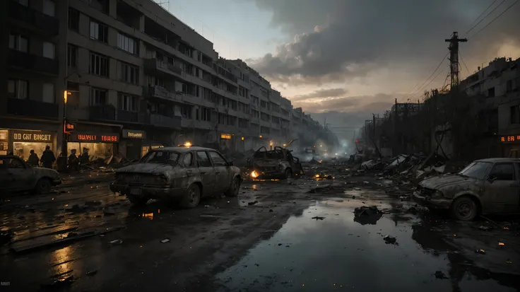 An hyper-realistic, (cinematic:1.2) , (high resolution:1.1) cinematic film still, blue hour, realistic visual depiction of the aftermath of a deadly ambush on an german ww2 patrol unit in a paris back street setting. The scene shows the remains of the patr...