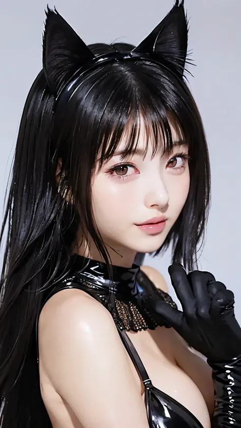  Beautiful Women、 straight hair、( hair that flutters like:1.2)、 long lashes、Big Eyes、Beautiful eye makeup、Beautiful Glossy Skin 、 cute smile with blush、 black bikini、 latex black bodysuit、((Black Bondage:1.2、Cat ears))、((Big Breasts:1.4))、 simple backgroun...