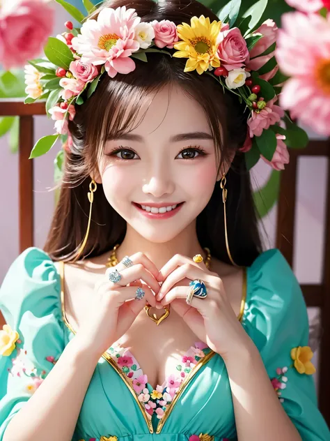  best quality　masterpiece　 Details　 A super cute  is smiling and in a heart-shaped ring decorated with flowers　Close up　There are lots of flowers all around 　Photo style　Artistic　 imaginary　 fantasy 