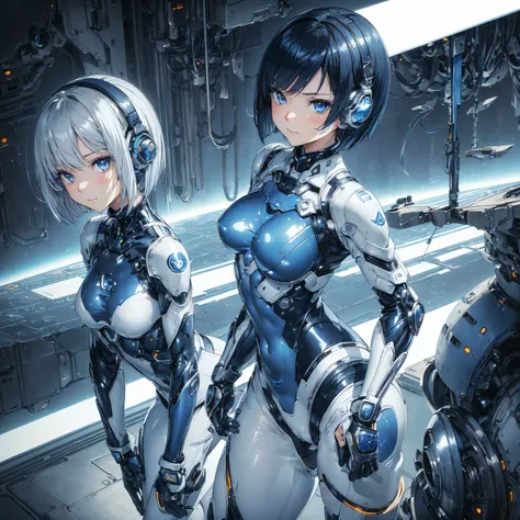 (masterpiece、 best quality、 highest resolution、Clear_image、Detailed details): (Whole body、A 20 year old girl、Japanese Faces、 small face、 slender、 dark blue super short bob cut hair、(Hidden small breasts:1.3)、 Sparkling Blue Eyes 、Shiny pilot suit in white,...