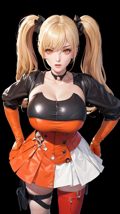 (（（figure，御姐figure,White and tender skin,（（（FenNib , long_sleeves_skirt, red_single_thighhigh, thigh_holster, elbow_gloves, strap, ）））,(（（twintails, Blonde_hair, orange_eyes,））),，((masterpiece)), highres icon,((Best quality at best)),masterpiece,quality,Be...