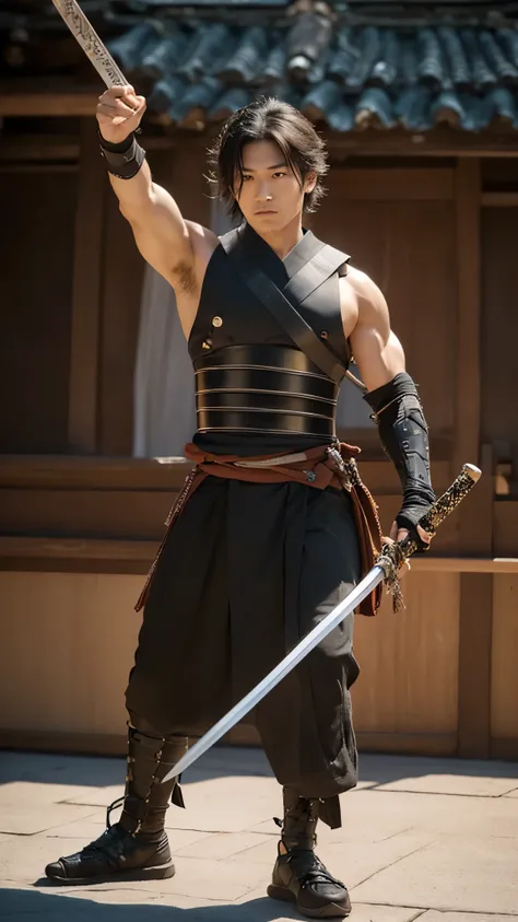 (8k, photograph), ( full body image ,  model body type ), muscle, A kendo practitioner holds a sword, Extend your right arm forward, young,  a wild and attractive Japanese man, Detailed facial sculpt,  watch viewers, Disheveled Hair,  samurai,  Future City