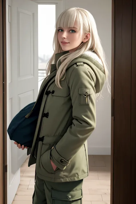 masterpiece, best quality, portrait, 1lady, solo,  casual, long hair, minimal makeup, natural fabrics, blue duffel coat, 
cargo pants,  (smile:0.8), home, looking forward, looking towards camera, front view, full front view face, forward portrait, looking ...