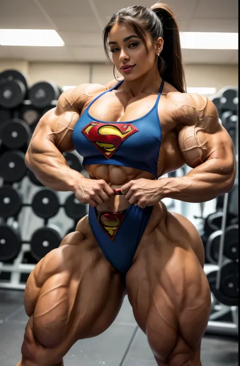 SIDE VIEW body shot, Extremely sexy and huge lat spread pose, flexing thick packed muscles. lean and buff gorgeous high school girl, very fit wide hips, thick ifbb pro bodybuilder and posing her very huge bulging muscles, thick sexy taut bulging legs body,...