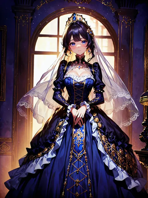 (ultra detailed), (highest quality), (high resolution), 1 girl, (((1 princess in gorgeous princess rococo victorian gown with voluminous hoop skirt))), beautiful embroidery and jeweled extremely rococo royal princess gown, gorgeous embroidery and beautiful...