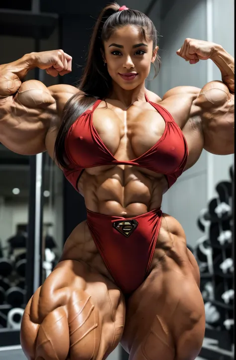 SIDE VIEW body shot, (((BICEP EQUAL SIZE OF A BASKETBALL))), flexing thick packed muscles. lean and buff gorgeous high school girl, very fit wide hips, thick ifbb pro bodybuilder and posing her very huge bulging muscles, thick sexy taut bulging legs body, ...