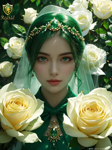  best quality　masterpiece　 Details　 with a lot of emerald intentions attached to a single white rose　Photo style　Artistic　 Dramatic Production 　 fantasy 　The background is a transparent crystal 　 is shining