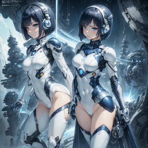 (masterpiece、 best quality、 highest resolution、Clear_image、Detailed details): (Whole body、A 20 year old girl、Japanese Faces、 small face、 slender、 dark blue super short bob cut hair、(Hidden small breasts:1.3)、 Sparkling Blue Eyes 、Shiny pilot suit in white,...