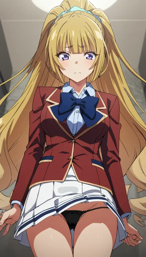 NSFW,(8k, best quality, masterpiece,ultra detailed, ultra high res:1.2), BREAK (anime keyvisual:1.1), 1girl, Kei Karuizawa,  long hair, ponytail, yellow hair, purple eyes, blue bow, hair scrunchie, medium breasts, red blazer,buttoned blazer, blue bowtie, l...