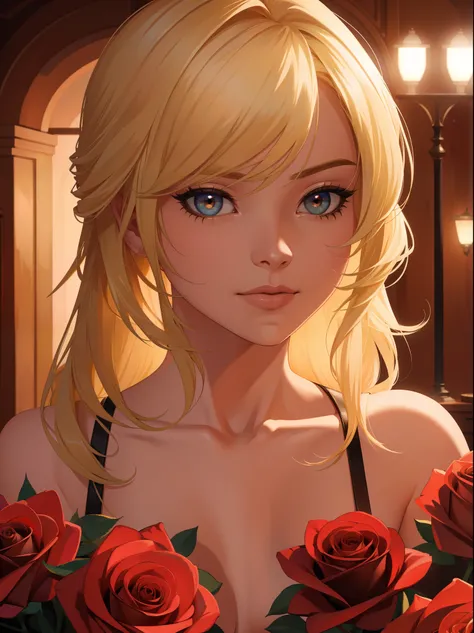  (absurdres, highres, ultra detailed), a blonde haired woman, roses, soft lighting, 8k resolution 