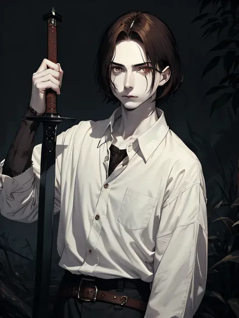 gloomy art, dark fantasy, young man, pale skin, short hair, brown hair, brown eyes, short mustache, canvas shirt, holds sword, highly detailed