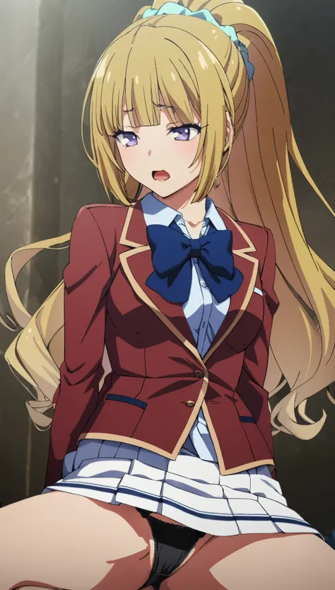 NSFW,(8k, best quality, masterpiece,ultra detailed, ultra high res:1.2), BREAK (anime keyvisual:1.1), 1girl, Kei Karuizawa,  long hair, ponytail, yellow hair, purple eyes, blue bow, hair scrunchie, medium breasts, red blazer,buttoned blazer, blue bowtie, l...