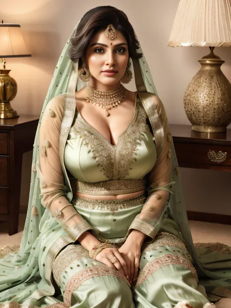 portrait of a 30 year most beautiful very busty women sitting on the bed, hd details of award show ,HD makeup ,hd details ,hd render, realistic, hyper realistic, photograph, wearing a pakistani traditional wedding SILK dress with face veil,create perfe...