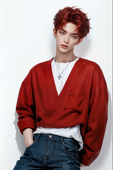 (4K)) ((  high quality  )) ((  white background )) ((, the amber-red hair color )) ((blue trousers)) стоит прмо One участник к-поп группы,    Yongjun has a sophisticated and attractive appearance   ........, , which immediately distinguishes it from others...