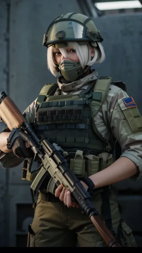 a contractor young girl, Japanese and Russian facial features, white french bob haircut, wearing full equip militar camouflage, chest rig tactical vest, green ballistic helmet with face shield, fully dressed, with Mosin-Nagant