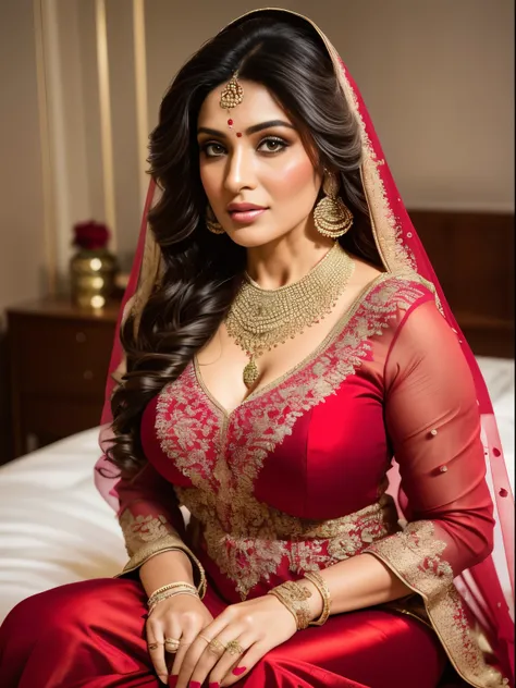 portrait of a 30 year most beautiful very busty women sitting on the bed, hd details of award show ,HD  makeup ,hd  details ,hd  render, realistic, hyper realistic, photograph, wearing a pakistani traditional wedding SILK  red  dress with face veil,create ...