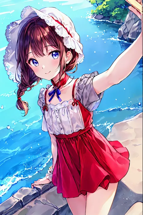 (masterpiece, best quality ), one girl who is at ease, smile, cute, to take a selfie , Outdoor, beautiful face, bonnet, Red Dress、Brown Hair, shortcuts, unkempt hair,Short braided hair,Neat, slender beautiful,Correct posture,Small chest, beautiful l...