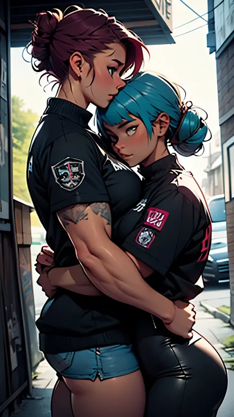 High detailed, 2 girls, muscular, hugging each other, face to face, punk clothes