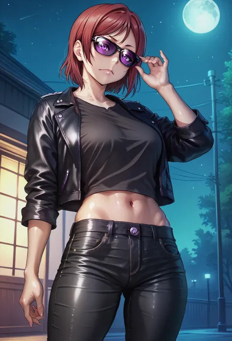 Nishikino maki, purple eyes, love live , (midriff:0.5), detailed body, shiny skin , standing , wearing a black leather jacket over a dark grey shirt, black jeans pants, sunglasses, night , underwear partially visible, RUKIA Style