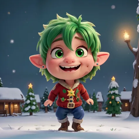 A little green and furry elf in a Christmas jumper jumps and dances around in a snowy flower garden with weeping willows and fir trees. He is spreading happiness as he goes. Alone,  long hair , fringe,  pointy ears , Campaign,  masterpiece,  Best Quality ,...