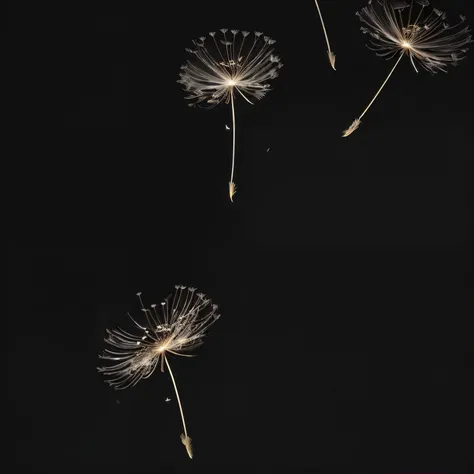 a close up of a dandelion blowing in the wind, dandelion seeds float, spores ,  floating in the air , on a black background,  on a deep black background , dandelions, dandelion, glowing dandelion seed storm, on a black background,  minimalistic wallpaper ,...