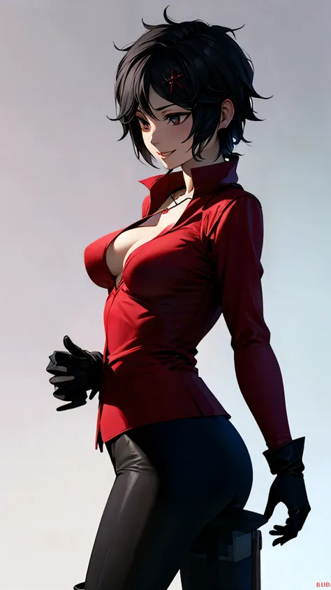 （ super quality, ultra high resolution,16k,super masterpiece,Ultra HD ,Detailed shading and background,）Photographing the upper body,Short, straight, black hair ,（A red shirt suit that has been unbuttoned, spread wide, and stood straight,Folded sleeves, bl...