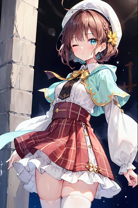 masterpiece,  1 girl , sparrow, Brown Hair Girl,  in、 wears medieval white priest clothes , Curly short hair,  messy hair ,  slender body ,  wears a golden capelet and hood,  he has her left eye closed , Use、Decoration on shirt, Aqua Eye,  shows her back ,...