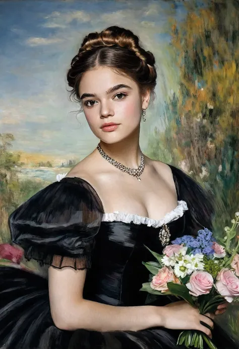 young sophie alexandra skelton in a black dress with a bouquet of flowers, portrait of an actress, inspired by franz xaver winte...