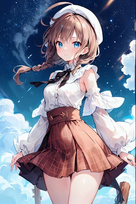 masterpiece,  1 girl , sparrow, Brown Hair Girl,  in、 wears medieval white priest clothes , Curly short hair,  messy hair ,  slender body ,  wears a golden capelet and hood,Decoration on shirt, Aqua Eye,  shows her back , Ahoge, Black vest, baby face,  sma...