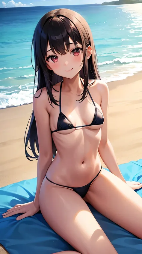 Make a girl on the beach, with tanned skin, sitting on a blanket on the sand, and with the legs a little open, masterpiece, ((light smile)), micro bikini, 20 years old,