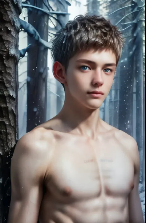 Human-boy, 18-years old boy, ethereal beauty, white messy hair, blue-colored eyes, (deep blue eyes, finely detailed blue eyes), (detailed face), pale skin, (white skin), ethereal beauty, defined body, (detailed body: 1.4), wearing only pants, (shirtless:1....