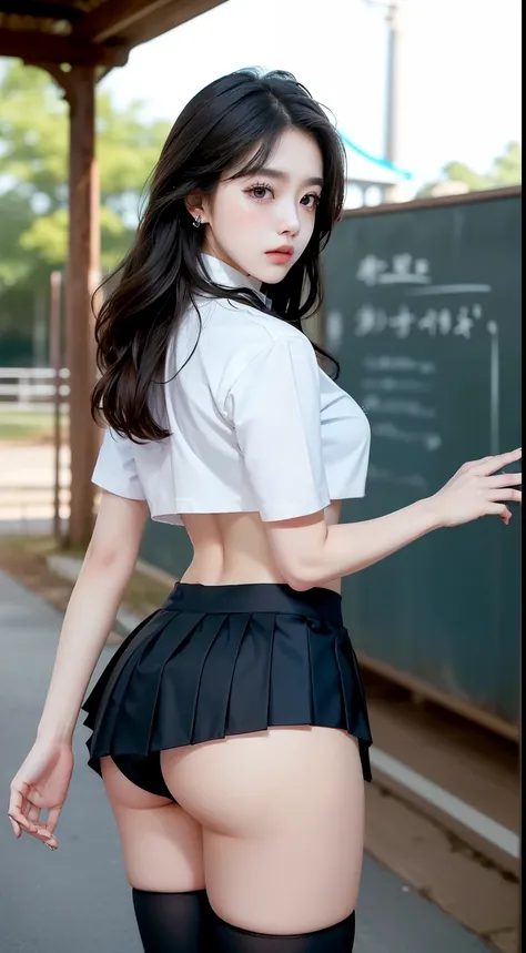 (kpop beautiful face:1.3), (masterpiece, best quality, 8k resolution, realistic, detailed), (short school uniform skirt:1.3), (thigh high, butt crack:1.3), (lighting effects, perfect composition), (no bra:1.5), (at Everland amusement park:1.2), (22yo, inno...