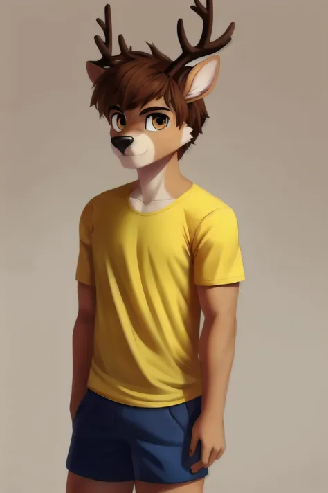 1boy, anthro deer, short brown fluffy hair, teenager, athletic body, wearing a yellow tshirt