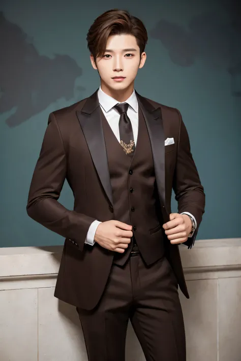  Photo Studio , Man 26 years old,  definite physique , low volume, brown hair, formal clothing,  high definition, 4K,  angle of the front photo , Korean