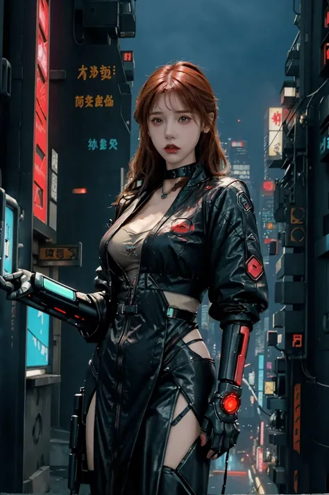  futuristic cyberpunk with brown and red gradient hair ,high-tech outfit .   wears a toska green robotic advance robe decorated with various electronic gadgets and patches, includes a striking  "sh"  symbol on the arm .  The character also wears a high-tec...