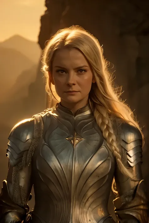 Galadriel, inspired by the series "The Rings of Power", (((L4L4 face))), in a majestic pose at the center of the scene , wearing shimmering armor and elven details, with its blond hair flowing under a golden light . The background shows an epic landsca...