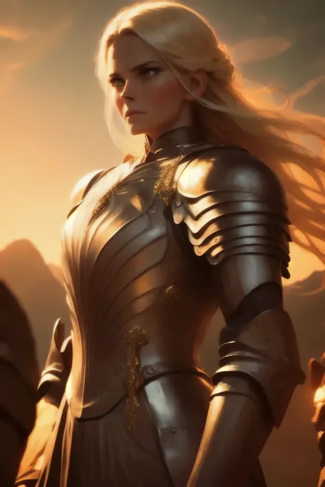 Galadriel, inspired by the series "The Rings of Power", (((L4L4 face))), in a majestic pose at the center of the scene , wearing shimmering armor and elven details, with its blond hair flowing under a golden light . The background shows an epic landsca...