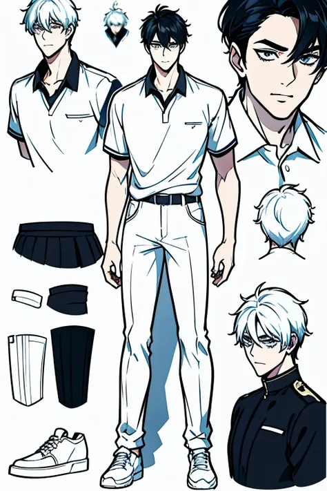 Go Eunhyuk from the Webtoon called Operation True Love, concept art, character concept, handsome main character, white shirt with short sleeves, white polo, black pants, white shoes, ((school uniform)) full body, character sheet